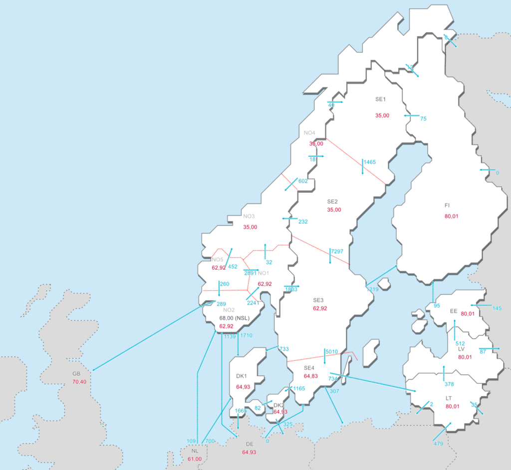 Grafik einer Landkarte mit den skandinavischen Strompreiszonen